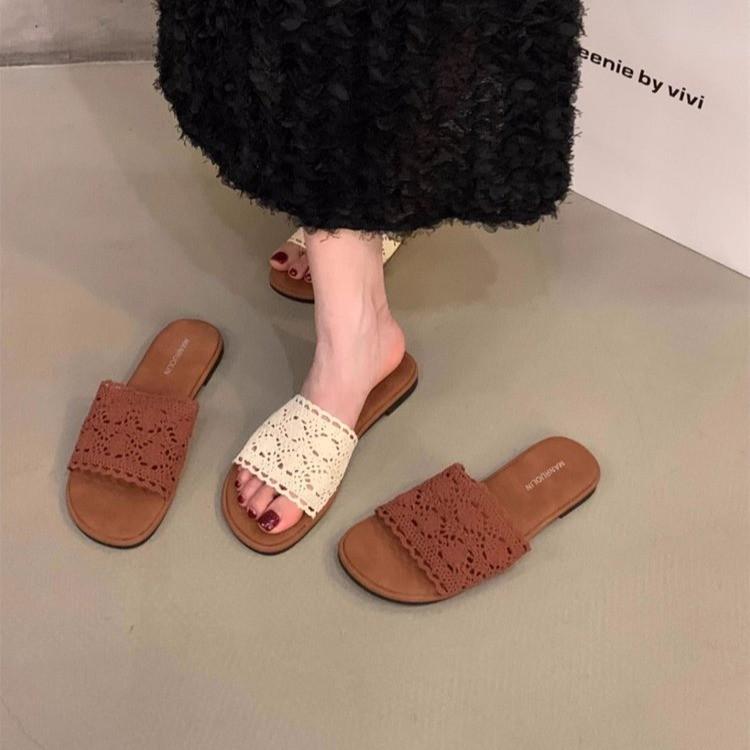 Flat-bottomed Cool Slippers 2025 Summer French Gentle Fairy Vacation Beach One-word Slope and Roman Cool Slippers