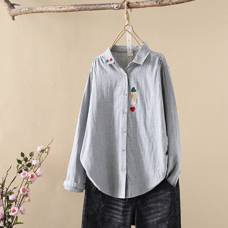 Striped Shirts and Blouses for Women Tops Heart Shape Embroider Stripes Long Sleeve Shirt Basic Shirts