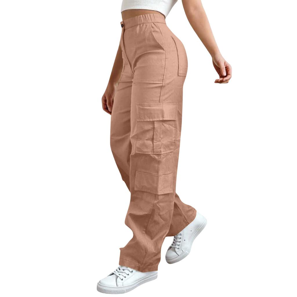 Womens Elastic High Waisted Cargo Pants Stretch Casual Wide Leg Streetwear Parachute Hiking Pants With Pockets