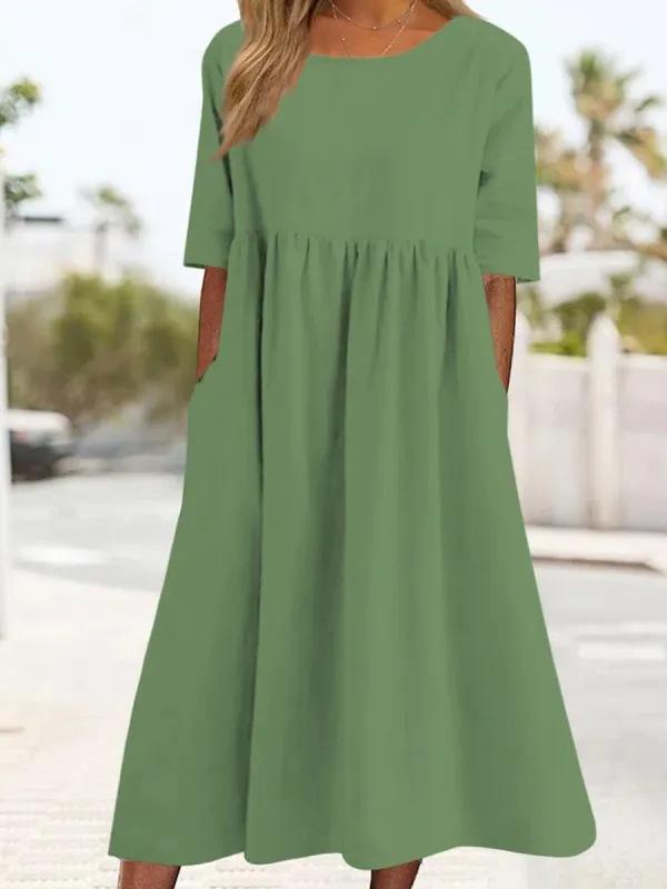 Women's Round Neck 3/4 Sleeve Linen Cotton Loose Midi Dress With Side Pockets Casual Swing Dress