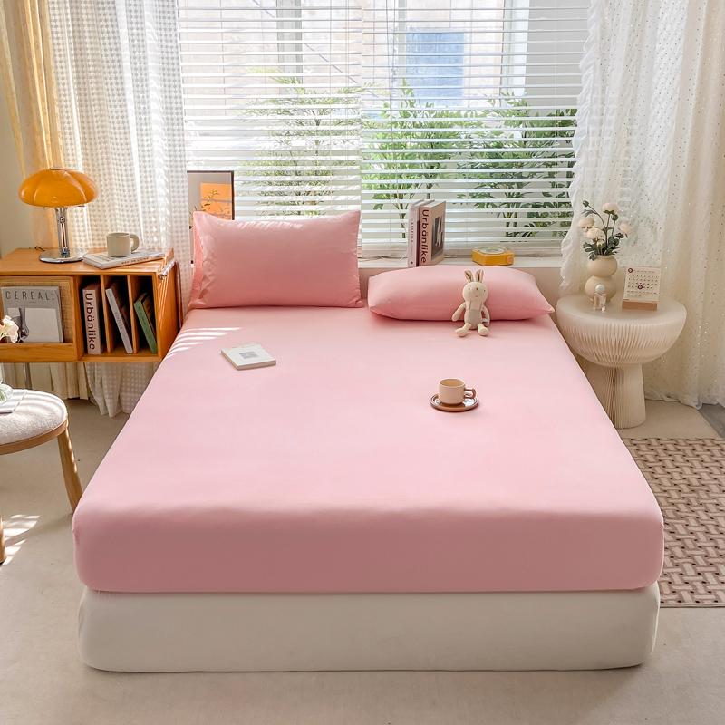 Simple Solid Color Blue Fitted Sheet Set 3Pcs Japanese Style Mattress Cover Skin-friendly Breathable Queen Size Bedding Set