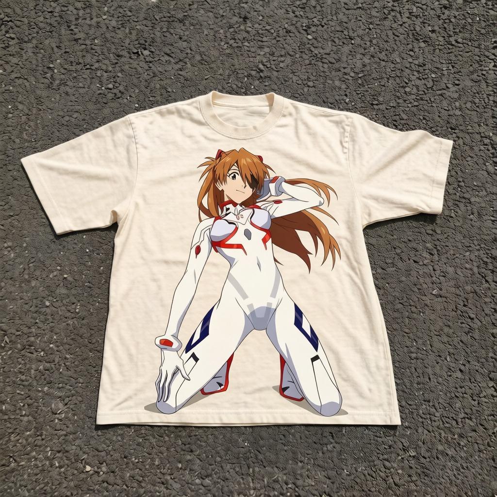 Evangelion Asuka Shikinami Eyepatch Heavyweight Cotton T-Shirt Men Women Drip Summer New Tee Loose Casual Oversized Streetwear Fashion Short Sleeve