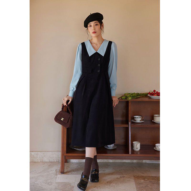 

Plus Size Women s French Shirt & Long Dress - Autumn/Winter Slimming Layered Two-Piece M 90-115 cm