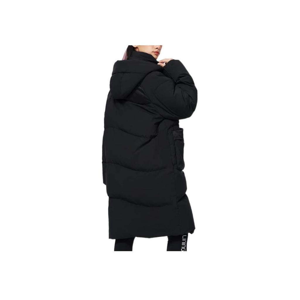 Li Ning Sports Trend Series Solid Color Logo Embroidered Hidden Zipper Hooded Long Down Jacket Women Outerwear Black AYMS074-3