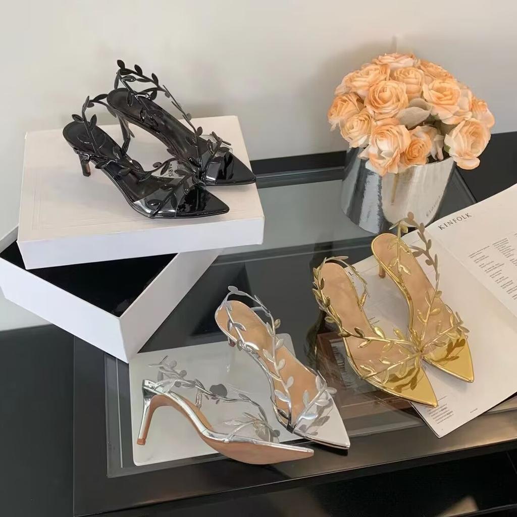 Women's Summer Golden Leaf-Embellished Heels Stiletto Pointed Toe Open Toe Dress Sandals
