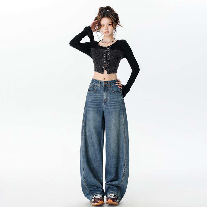 Women's High Waist Wide Leg Retro Scimitar Jeans - Deep Blue, Versatile Spring & Autumn