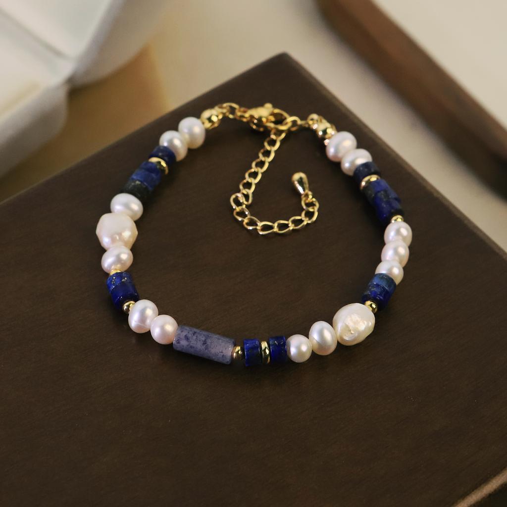 Natural Freshwater Pearl Lapis Lazuli Beaded Bracelet for Women Daily Office Wedding Party Pearl Bracelet Bohemian Jewelry