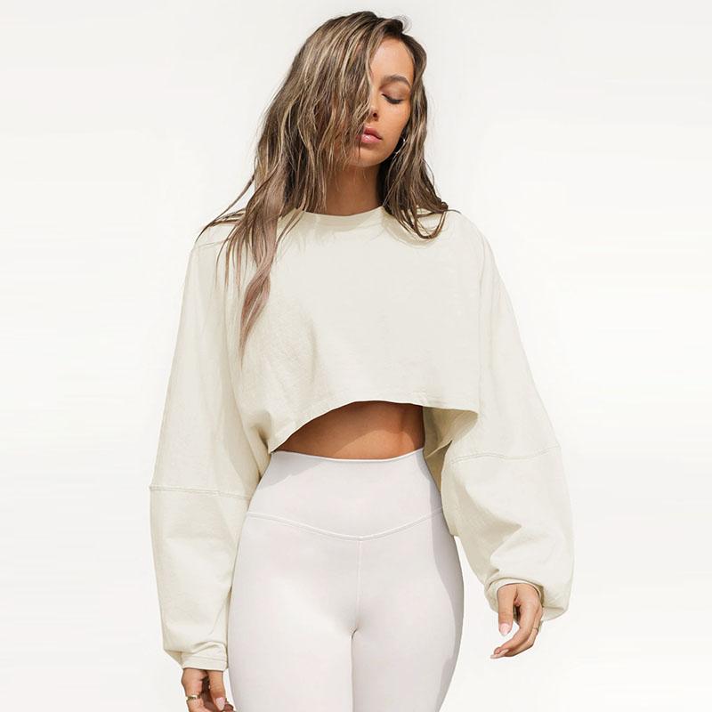 Løstsittende rund hals cropped sweatshirt dame avslappet langermet basis sportsskjorte høst vinter ensfarget kort genser