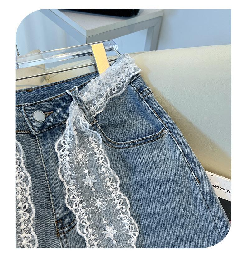 Jeans Recortados de Pierna Ancha de Cintura Alta con Encaje y Cinta Azul Claro para Mujer (Primavera 2025)