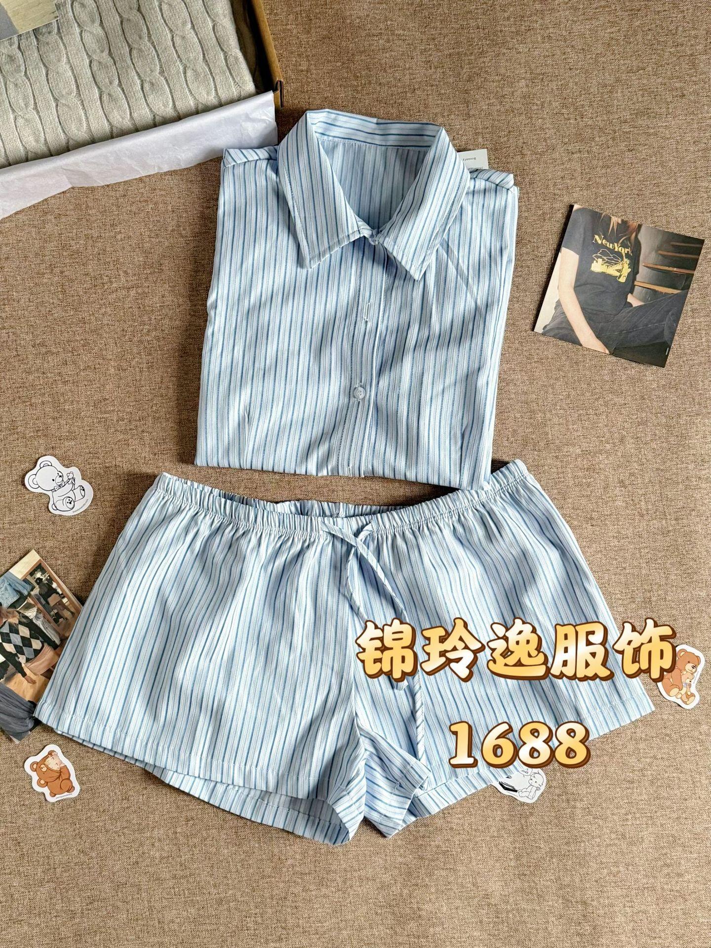 BM American Casual Striped Lapel Short-Sleeve Women s Blue Shirt Striped Shorts