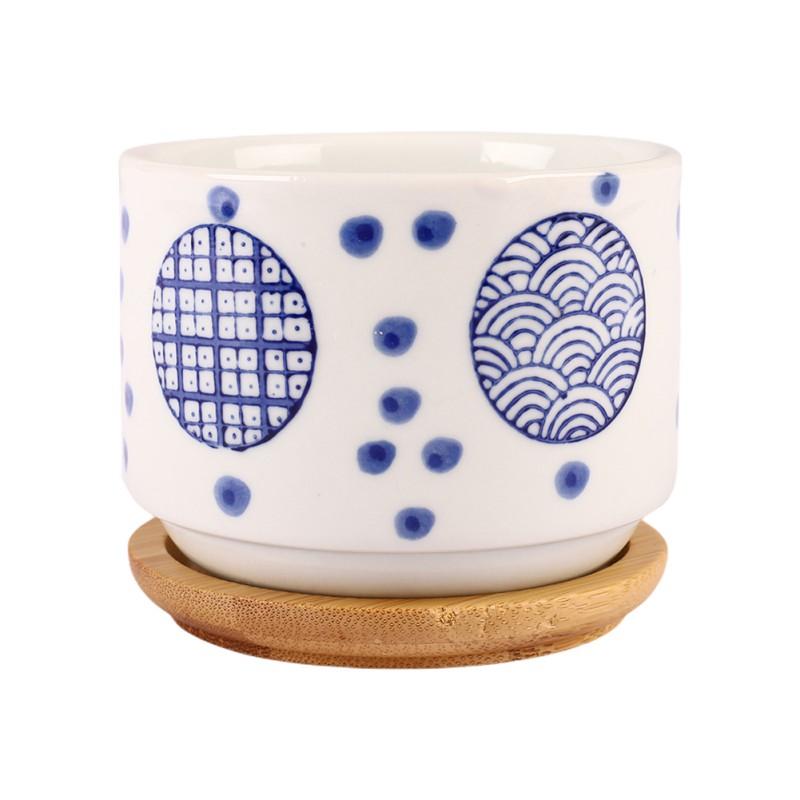 Vaso de cerâmica com bandeja de bambu estilo japonês suculenta planta vaso de flores bonsai plantador decoração de jardim cactos plantas plantadores