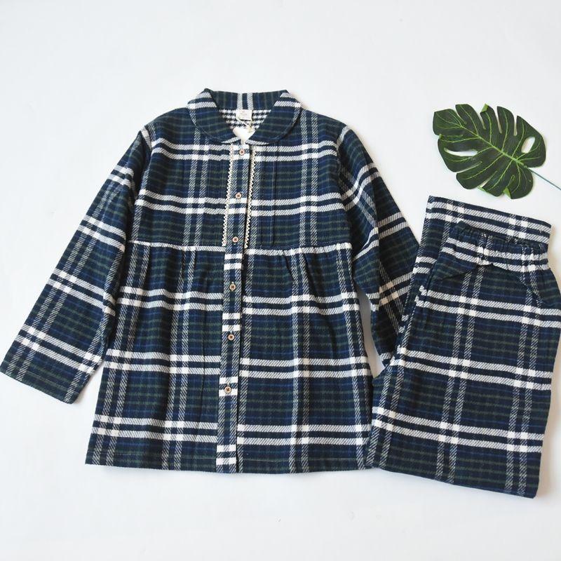 Spring and Autumn Women's Pure Cotton Cotton Velvet Gingham Long Sleeves Pajamas Casual Comfortable Homewear Suit