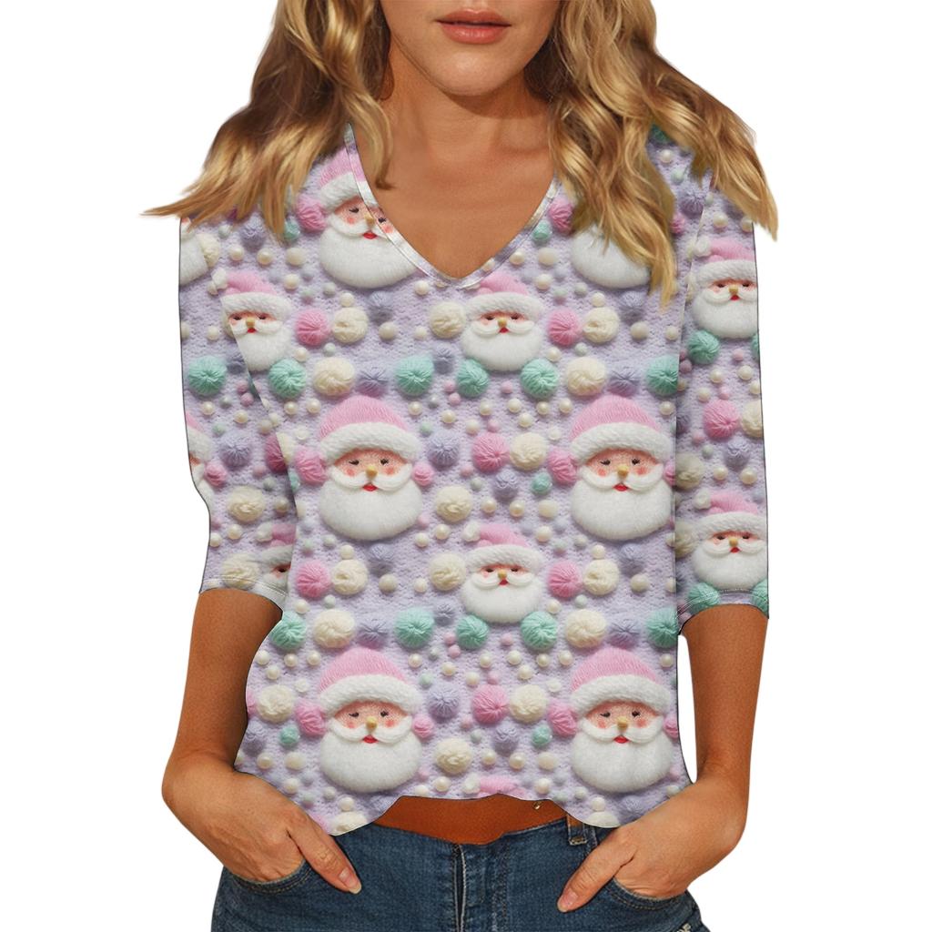 Women's Casual Fashionable Sexy Comfortable V-Neck Christmas Three-Quarter Sleeve Top