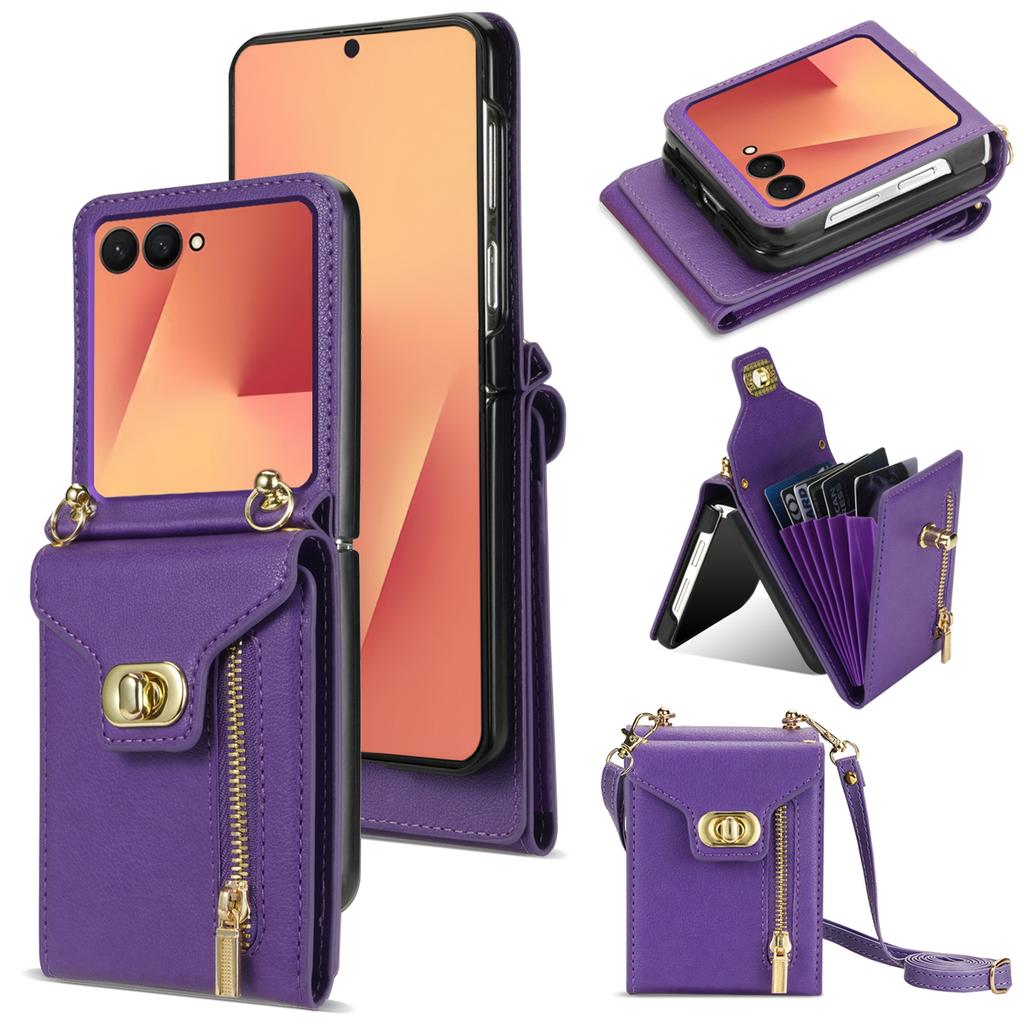 For Samsung Galaxy Z Flip7 5G Case Zipper Wallet Design PU PC Phone Cover with Long Strap