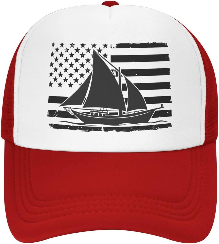 Distressed American Flag Sailboat Trucker Hat Sailing Graphic Mesh Cap Adjustable Outdoor Dad Hat