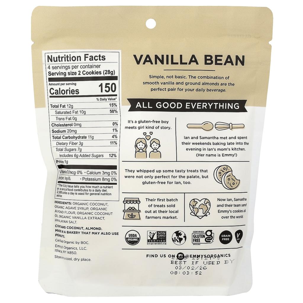 Emmy's Organic Cookies, Soft and Chewy Coconut Cookies, Vanilla Bean, 4 oz (113 g)
