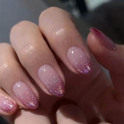 Pack of 24 Press On Nail Gradients Purple Shimmery Designs Short French Tip Almond Shape Glues On False Nail for Women
