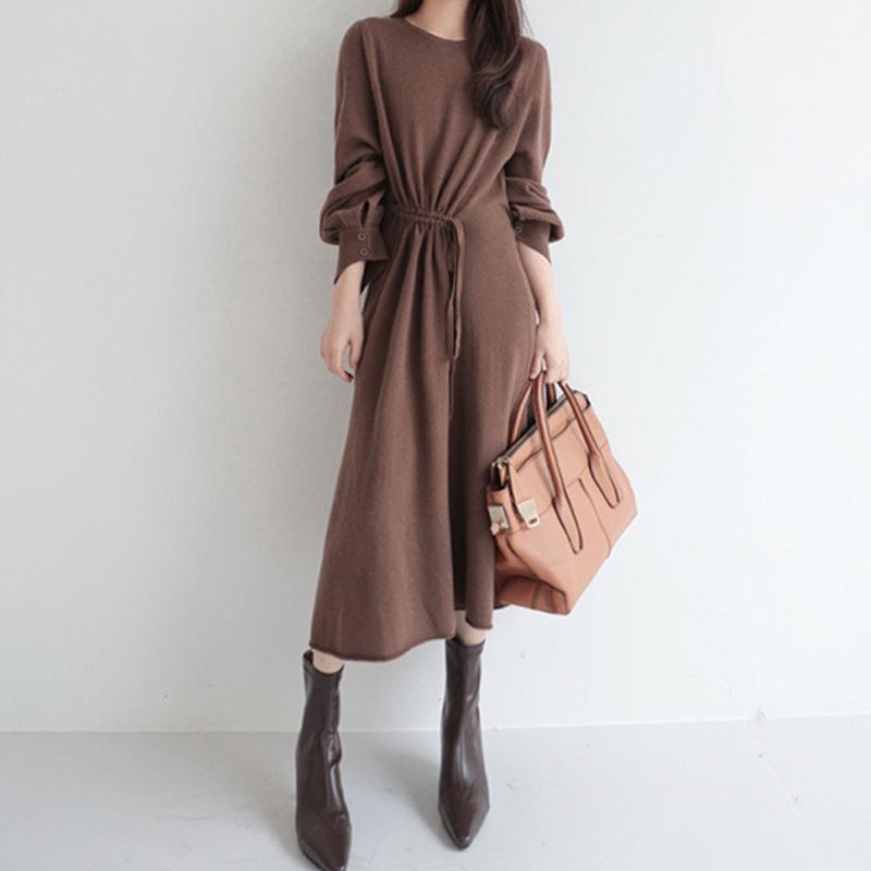 Royal sister style round neck temperament with coat base knitted dress women's autumn and winter new lace-up and thin skirt