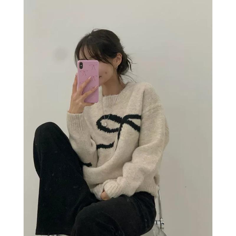 

Элегантный корейский свитер с круглым вырезом и узором «бабочка», милый пуловер, осенний женский трикотажный топ с длинным рукавом в стиле кэжуал, свободный модный зимний простой трикотаж one size абрикосовый