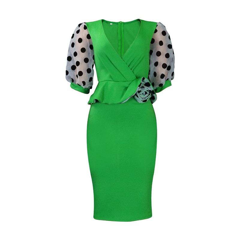 

Summer new mesh flocking bubble sleeve collar fashion temperament elegant hip dress XXXL зелений