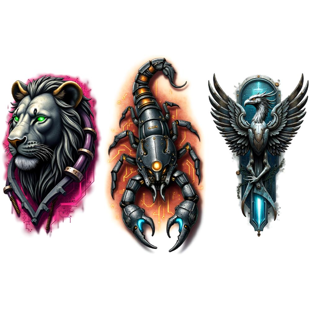 3pcs Temporary Tattoo Colorful Realism Metal Insect Robot Gorilla Cybernetic Arachnid For Adults Arms Thighs
