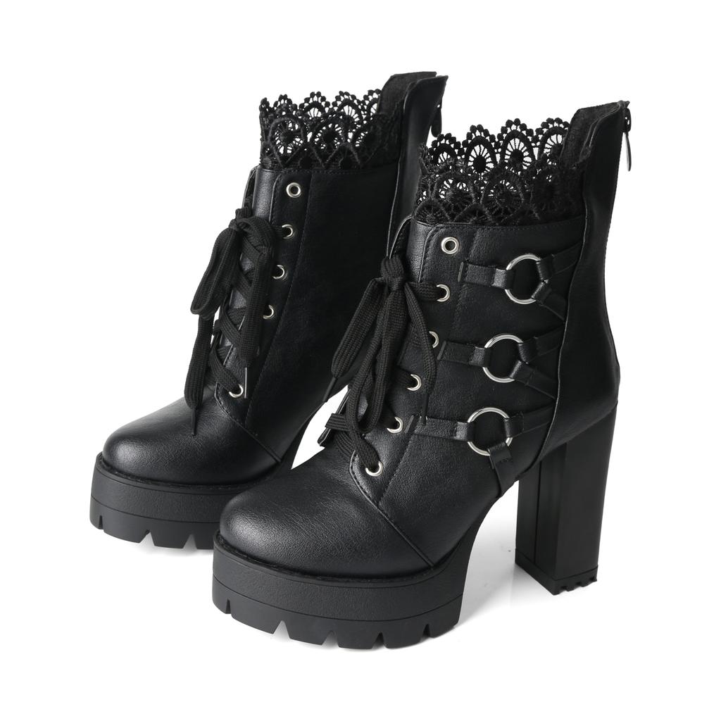 FOREADA Women Ankle Boots Round Toe Thick High Heels Metal Decoration Zipper Lace-up Short Boots Ladies Fashion Shoes Autumn Winter