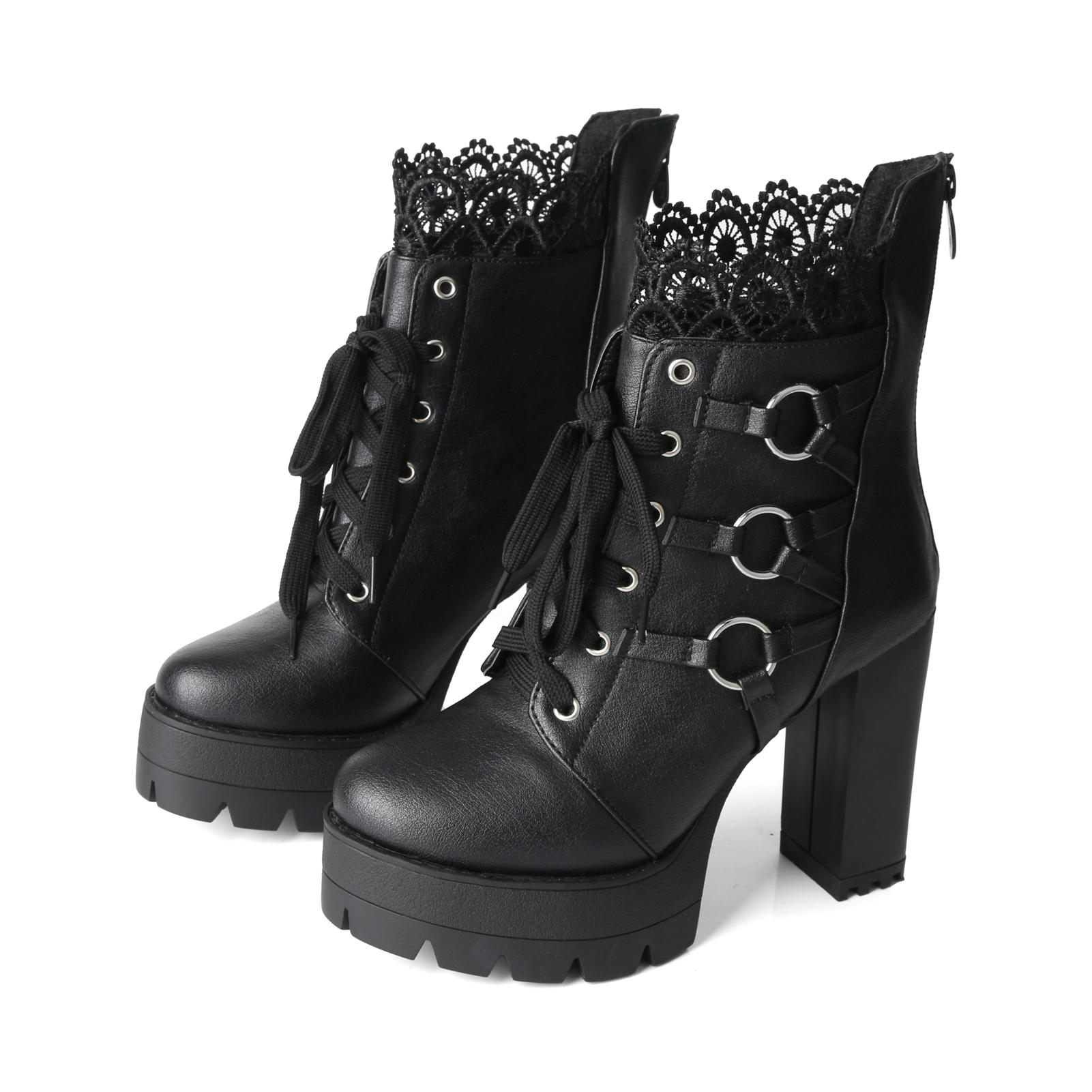 

FOREADA Women Ankle Boots Round Toe Thick High Heels Metal Decoration Zipper Lace-up Short Boots Ladies Fashion Shoes Autumn Winter 39 чёрный