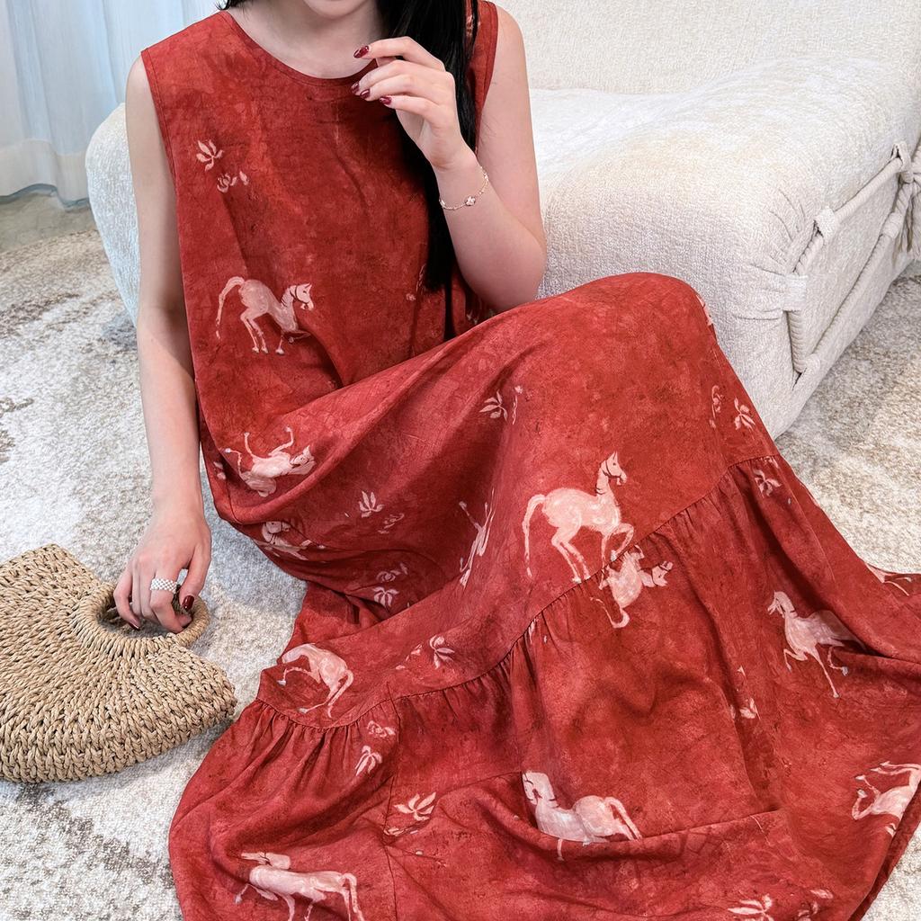Robe de nuit sans manches en coton et soie pour femme, été, idyllique, ample, grande taille, peut être portée dehors, jupe fishtail en coton artificiel à fleurs