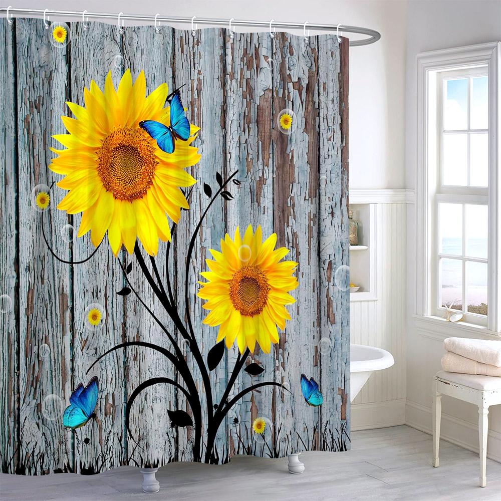 Rustic Sunflower Flower Butterfly Print Shower Curtain Vintage Floral Botanical Polyester Fabric Shower Curtains Bathroom Decor