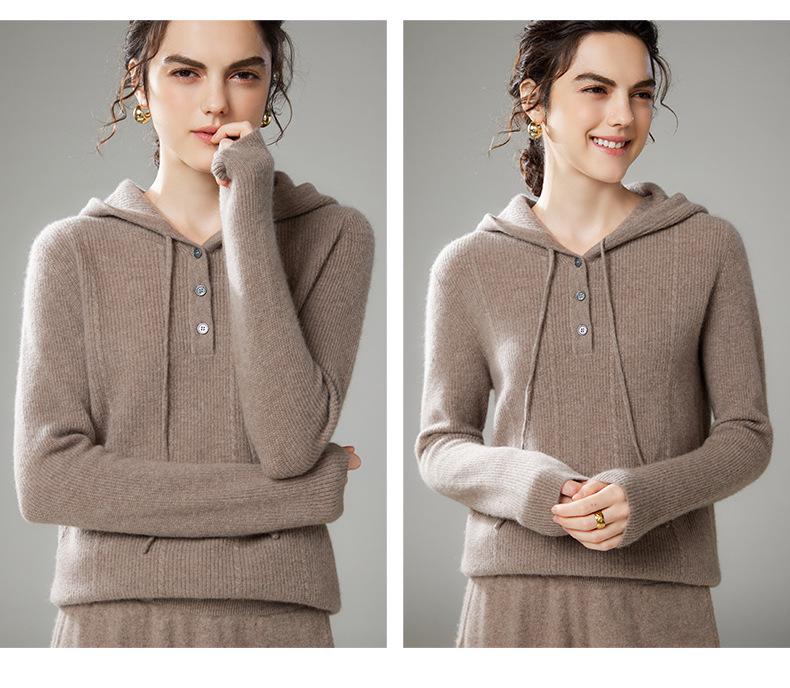 2024 Women's Cashmere Hooded Pullover: Loose Fit, Solid Color, Korean Style Autumn/Winter Sweater