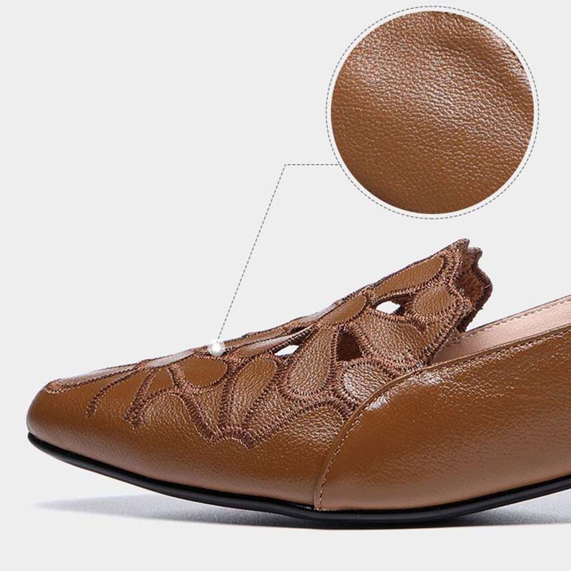 Soft Leather Carved Hollow Women's Leather Shoes Moccasin Work Shoes Cusp Thick Heel Soft Sole Sandals Comfortable Fashion Spring Summer