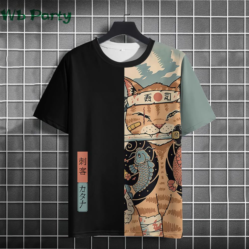Summer Round Neck 3D Warrior Cat Pattern Printed Top Fashionable Casual Short Sleeved Men's T-shirts