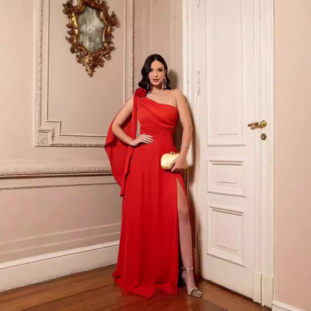 

Летнее женское платье на одно плечо с цветочным принтом и разрезом, 2024 XL красный