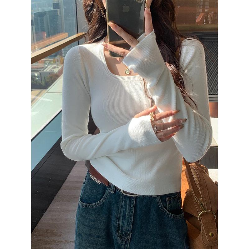 Lazy Wind Square Neck Knitted Sweater Women's Early Spring Tight Spice Girl Front Shoulder Long Sleeve Top Simple Bottoming Shirt