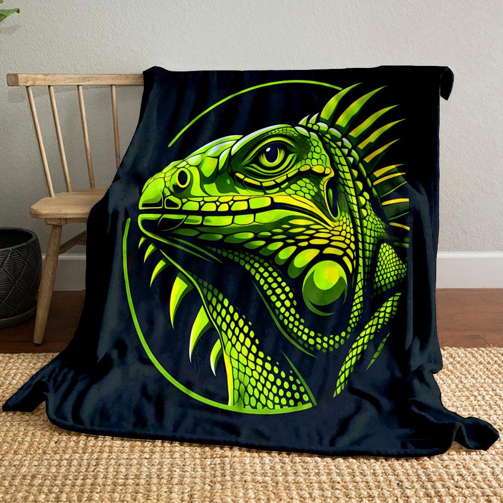 Neon Green Iguana Artwork Patterned blanket, flannel, suitable for all seasons, home decor, warm and cozy