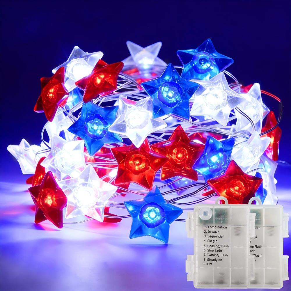 Rot Weiß Blau Lichterkette Patriotische Sternenflaggen Lichter Batteriebetrieben 4. Juli Dekoration für Unabhängigkeitstag Party Garten Zuhause