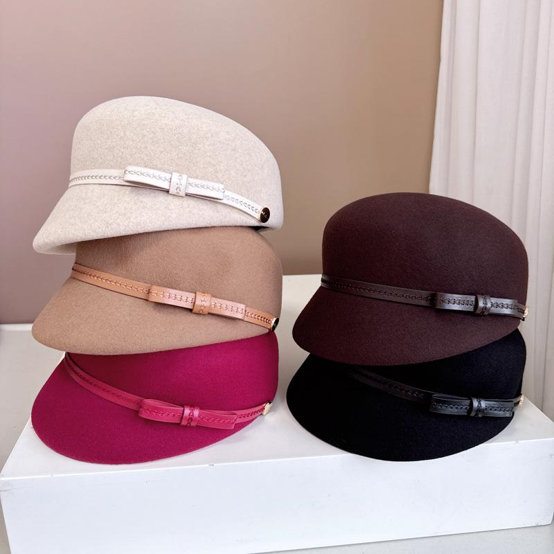 Simple Fashion British Knight Hat 100% Australian Wool Felt Hat Chic PU Leather Bow Fashion Hat