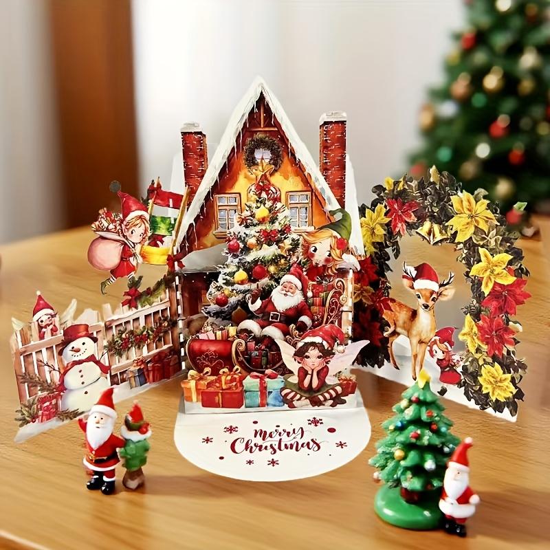 3D Christmas Card Night Before Christmas Scene with Santa Reindeer Snowy Village Moonlit Sky Festive Holiday Greeting Card Gifts