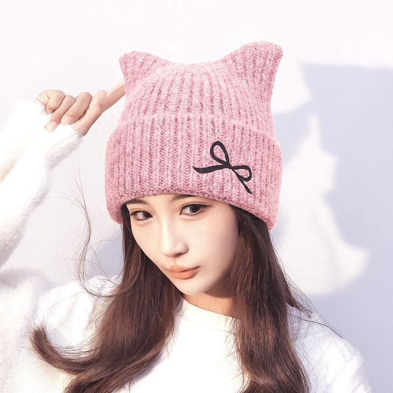 Winter Bow Cat Ear Knitted Wool Hat Women's Warm Ear Protection Hat