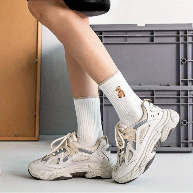 5 Pairs Women's Mid-Calf Socks - Cute Cartoon Bear Design, Soft All-Season Comfort, Coffee & Beige Striped Pattern, Comfortable Sock Material