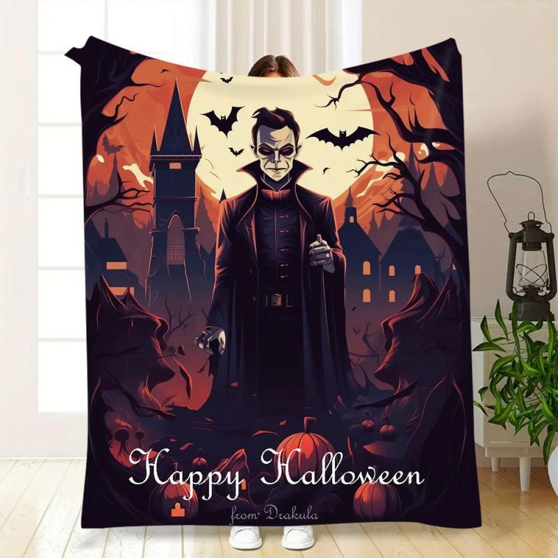 Soft Fleece Blanket With Halloween Digital Print Bed Sofa Nap Use Customizable Cartoon Geometric