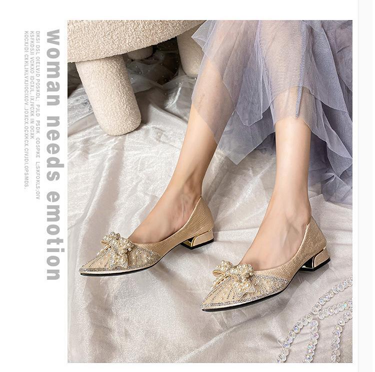 Pointed single shoes women's spring 2025 new French shallow mouth rhinestone pearl soft sole ladyshoes thick heel versatile women's shoes