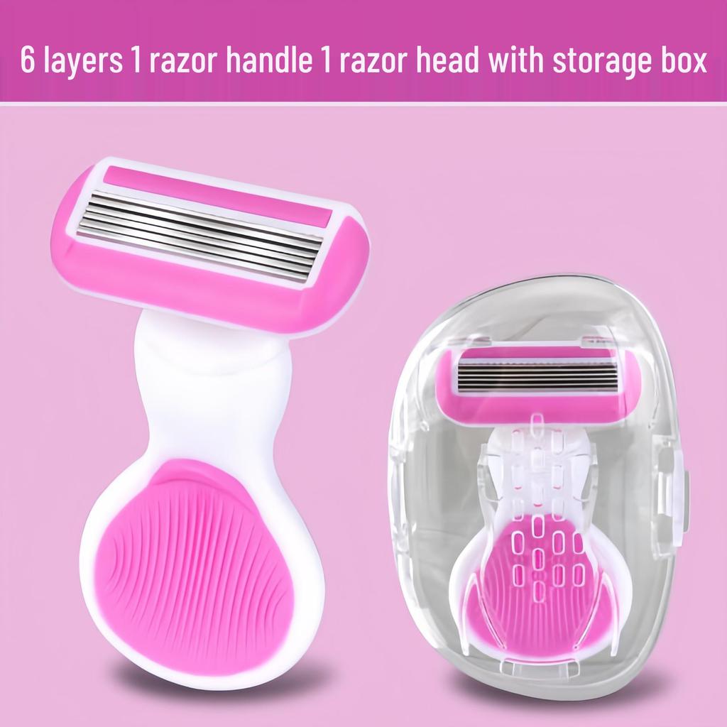 6-Layer Pink Women's Portable Razor for Underarms & Intimate Areas - Small Shell Manual Razor with Soap