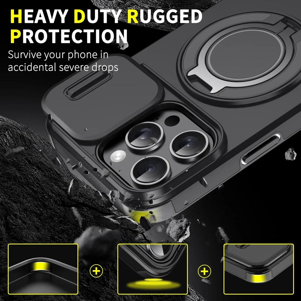 Luxury Heavy-Duty Rugged Armor Magnetic Bracket Case For iPhone 16 14 13 12 11 15 Pro Max Plus Slide Camera Protection PC Cover