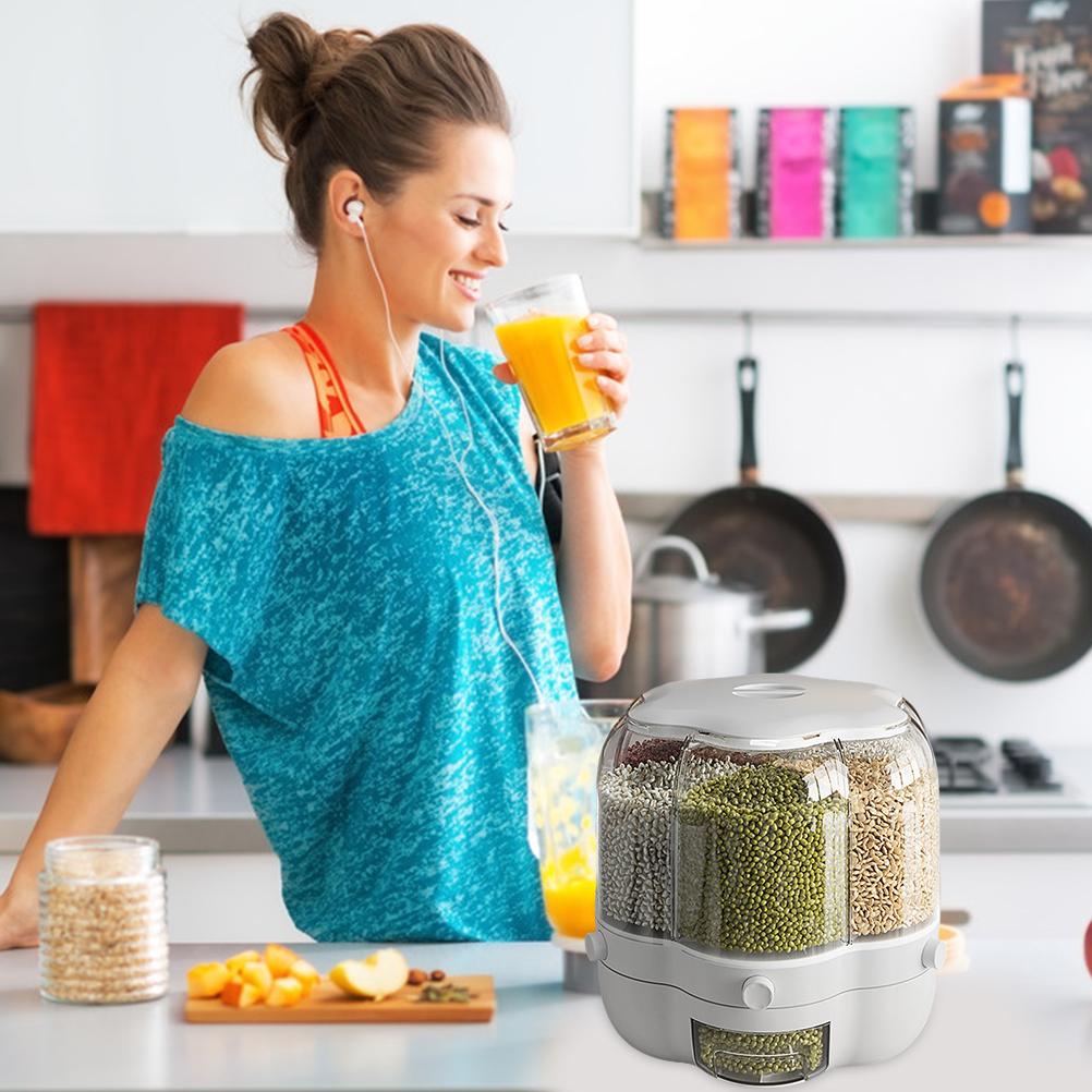 Food Grain Storage Container Large Capacity 6.5L 6 Grid Rotatable Rice Dispenser Sealed Grain Food