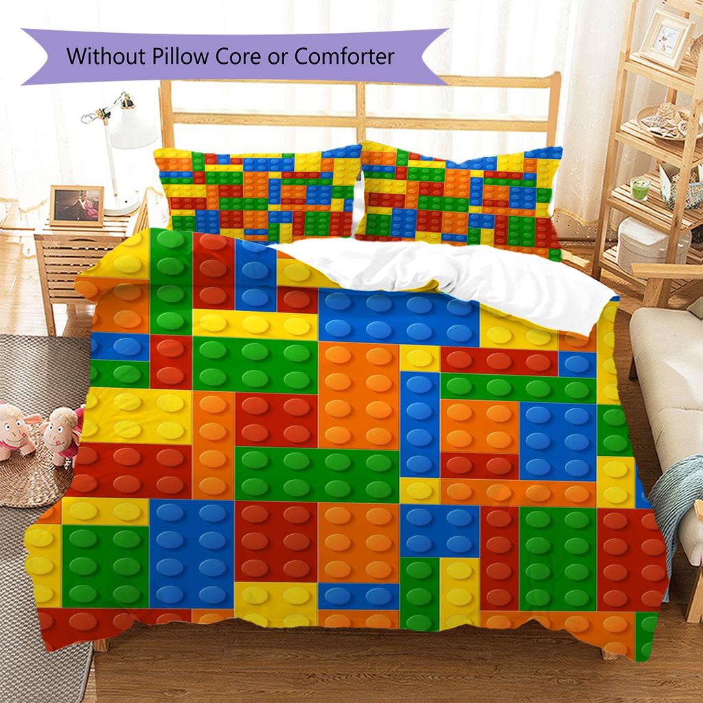 Building Blocks Pattern Bedding Quilt Set Quilt Cover Pillowcase Home Decoration Gift (1 * Duvet Cover + 2 * Pillowcase, Without Core)