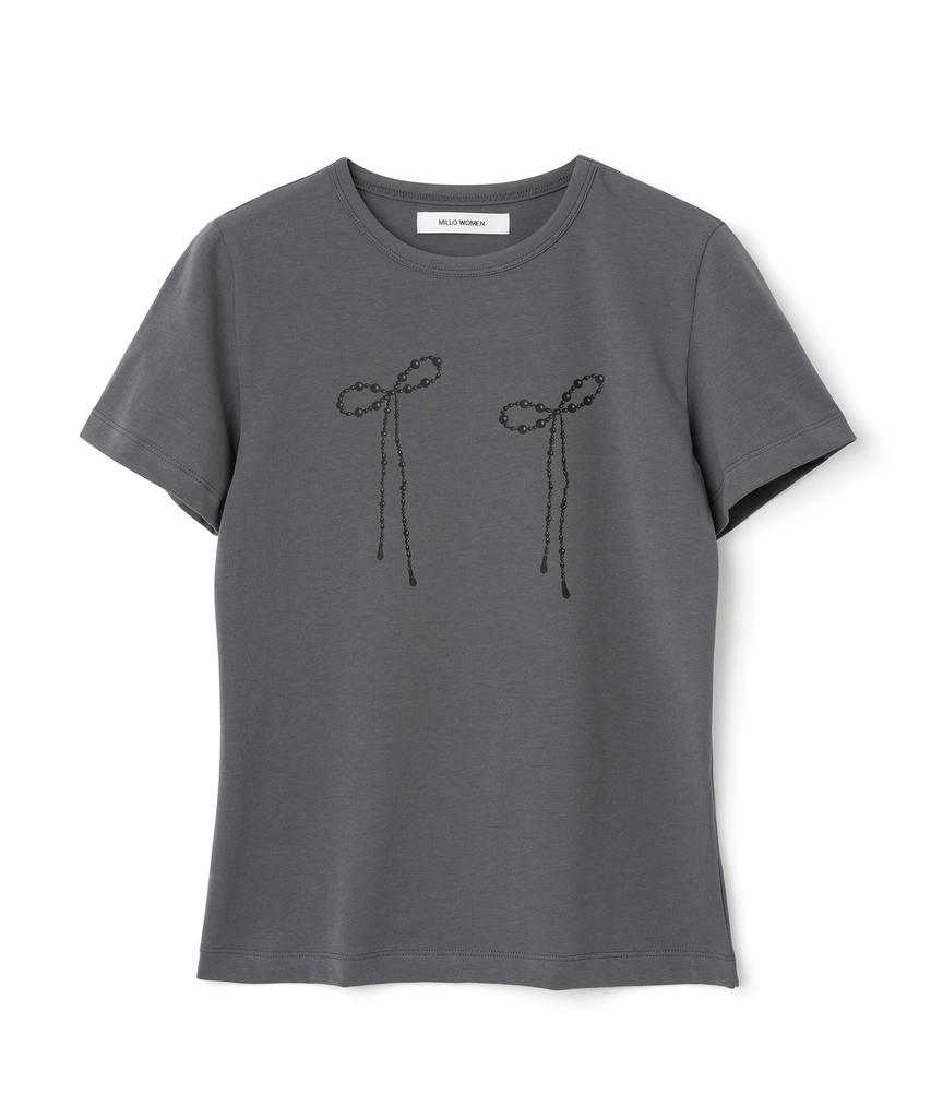 MILLO WOMEN Pearl Ribbon T-Shirt [Charcoal]