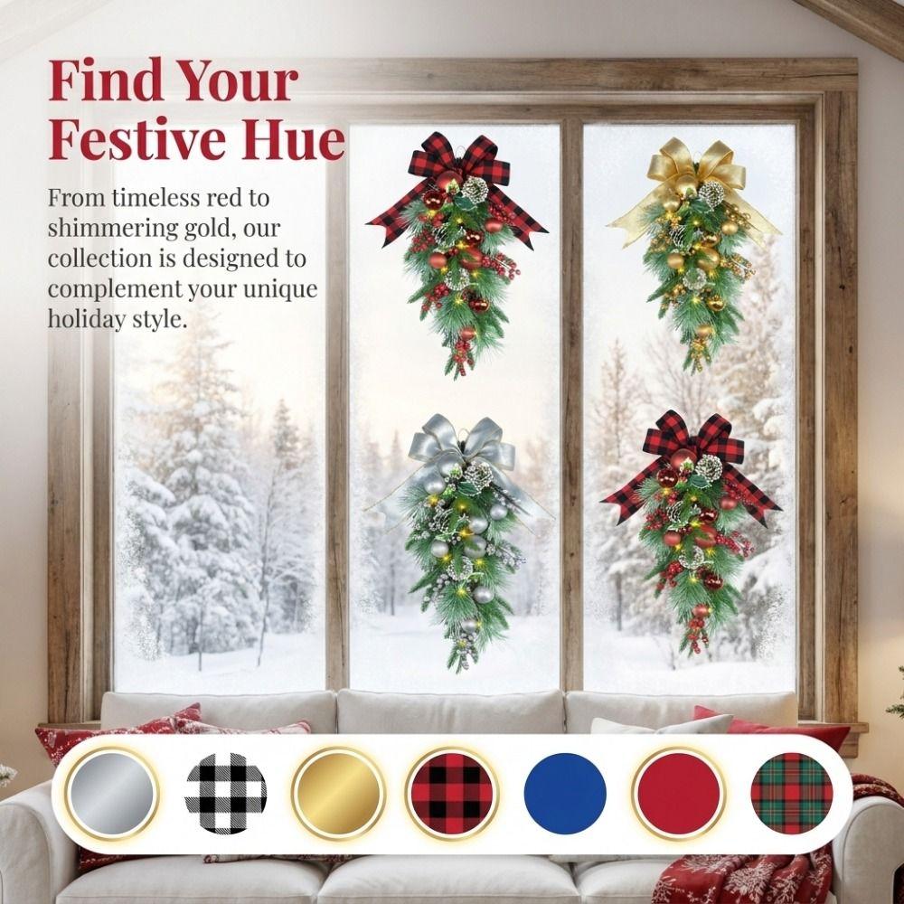 Realistic Artificial Christmas Wreath Pine Needles Droplet Style Wall Hanging Christmas Garland Teardrop Shape Red Berries