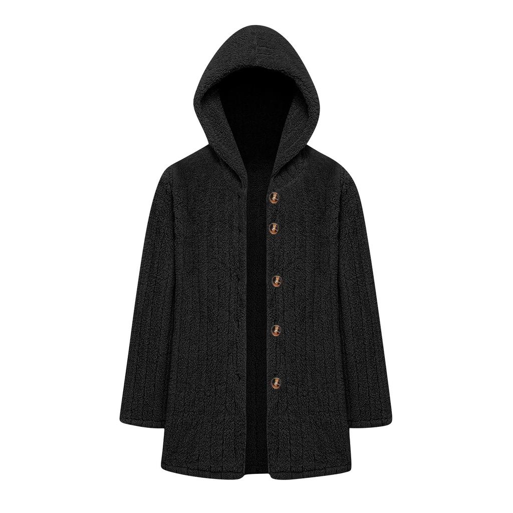 Women's Fashionable Coat Solid Color Long Sleeved Hooded Button Plush Warm Jacket