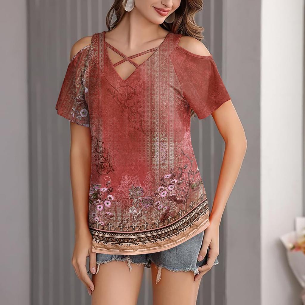 Damen Blumenmuster Lässig Schulterfrei Träger V-Ausschnitt Kurzarm T-Shirt